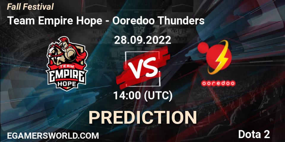 Team Empire Hope contre Ooredoo Thunders : prédiction de match. 28.09.2022 at 14:06. Dota 2, Fall Festival