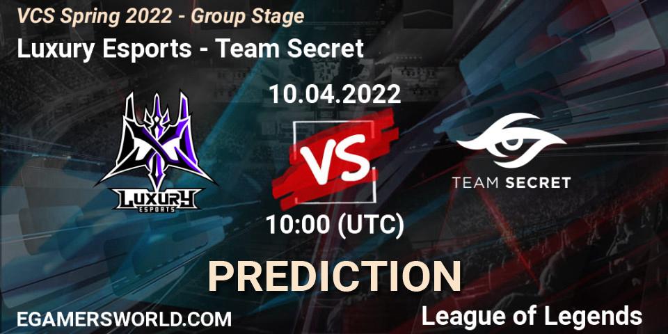 Luxury Esports contre Team Secret : prédiction de match. 09.04.2022 at 10:00. LoL, VCS Spring 2022 - Group Stage 