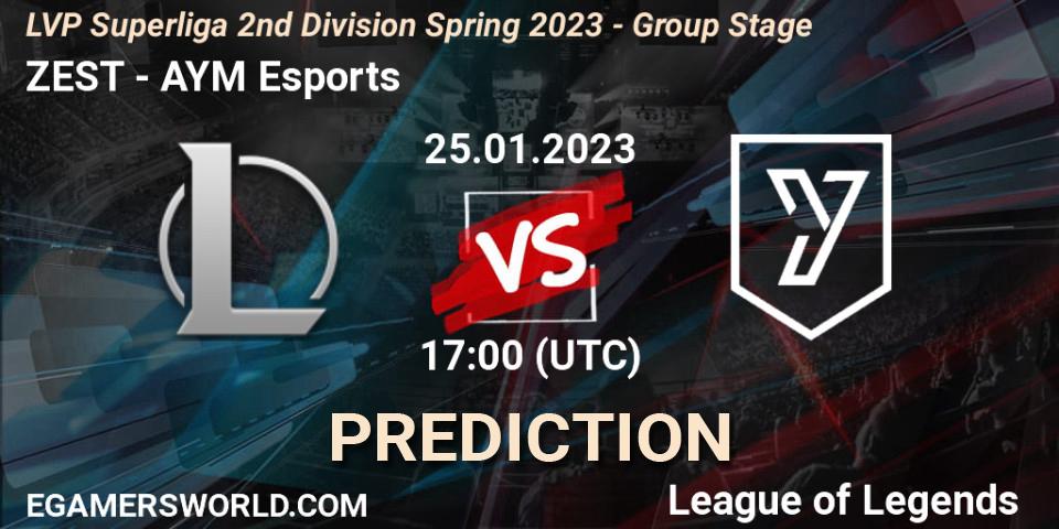 ZEST contre AYM Esports : prédiction de match. 25.01.2023 at 17:00. LoL, LVP Superliga 2nd Division Spring 2023 - Group Stage