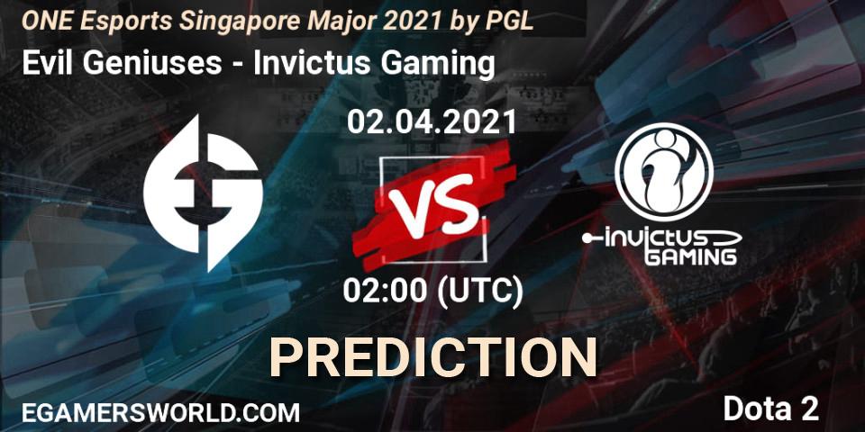Evil Geniuses contre Invictus Gaming : prédiction de match. 02.04.21. Dota 2, ONE Esports Singapore Major 2021