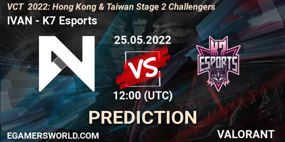 IVAN contre K7 Esports : prédiction de match. 25.05.2022 at 12:00. VALORANT, VCT 2022: Hong Kong & Taiwan Stage 2 Challengers