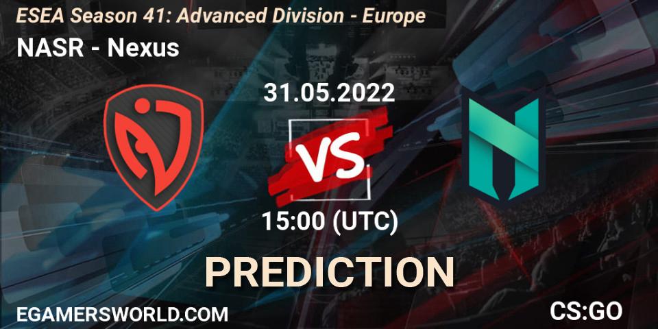 NASR contre Nexus : prédiction de match. 31.05.2022 at 15:00. Counter-Strike (CS2), ESEA Season 41: Advanced Division - Europe