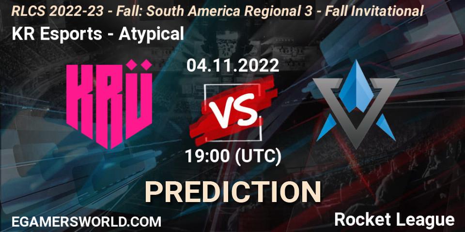 KRÜ Esports contre Atypical : prédiction de match. 04.11.2022 at 19:00. Rocket League, RLCS 2022-23 - Fall: South America Regional 3 - Fall Invitational