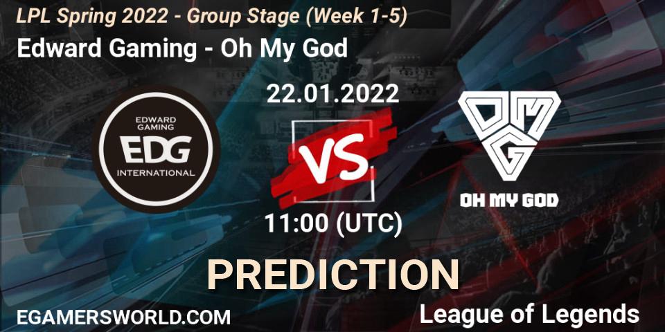 Edward Gaming contre Oh My God : prédiction de match. 22.01.2022 at 11:45. LoL, LPL Spring 2022 - Group Stage (Week 1-5)