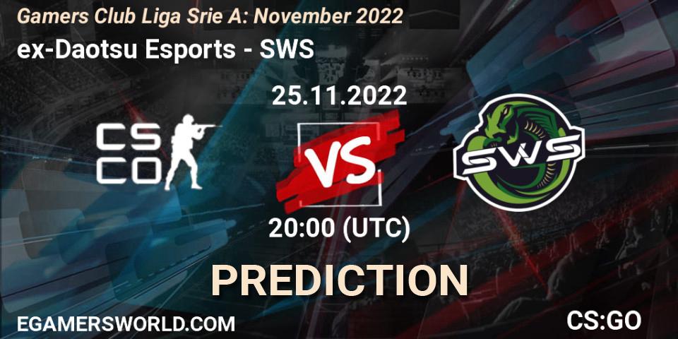 ex-Daotsu Esports contre SWS : prédiction de match. 25.11.2022 at 23:00. Counter-Strike (CS2), Gamers Club Liga Série A: November 2022