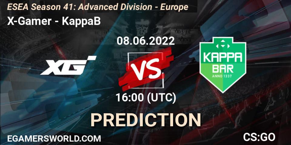 X-Gamer contre KappaB : prédiction de match. 08.06.2022 at 16:00. Counter-Strike (CS2), ESEA Season 41: Advanced Division - Europe