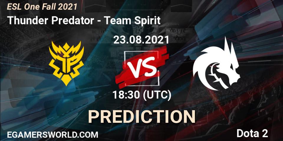 Thunder Predator contre Team Spirit : prédiction de match. 24.08.2021 at 18:30. Dota 2, ESL One Fall 2021