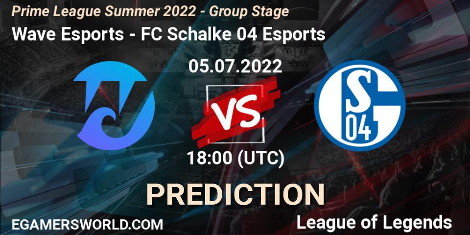 Wave Esports contre FC Schalke 04 Esports : prédiction de match. 05.07.2022 at 18:00. LoL, Prime League Summer 2022 - Group Stage