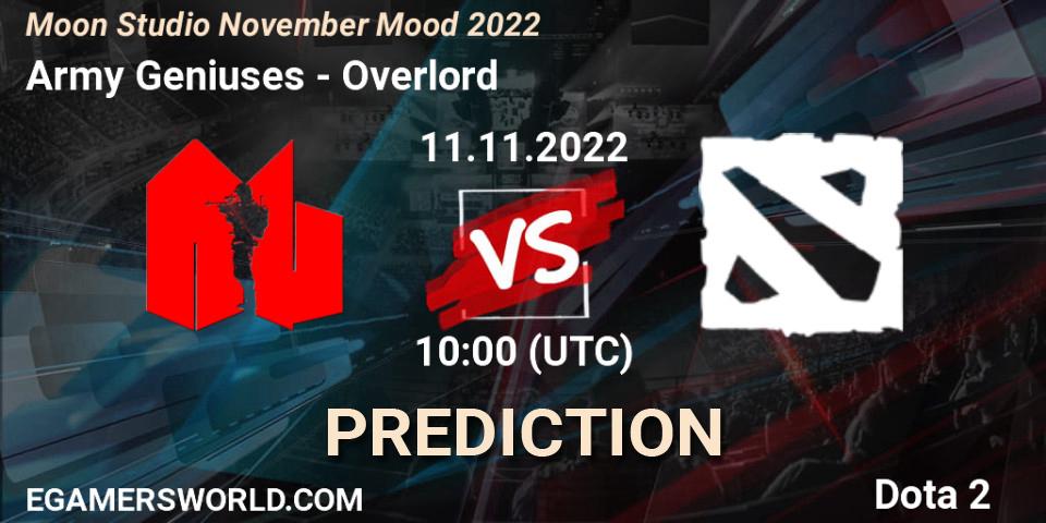 Army Geniuses contre Overlord : prédiction de match. 11.11.2022 at 11:00. Dota 2, Moon Studio November Mood 2022