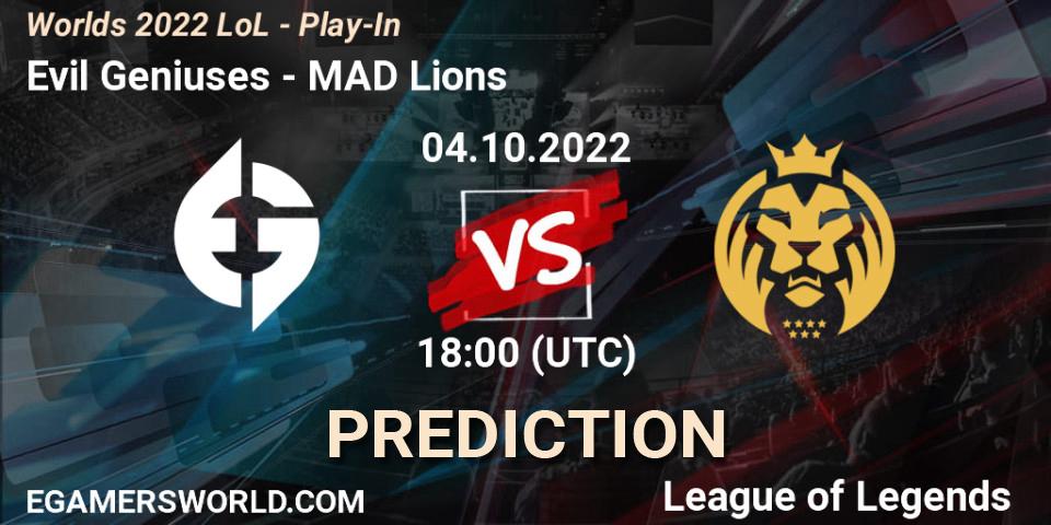 Evil Geniuses contre MAD Lions : prédiction de match. 04.10.2022 at 18:00. LoL, Worlds 2022 LoL - Play-In