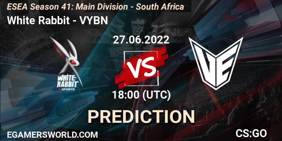 White Rabbit contre VYBN : prédiction de match. 27.06.2022 at 18:00. Counter-Strike (CS2), ESEA Season 41: Main Division - South Africa