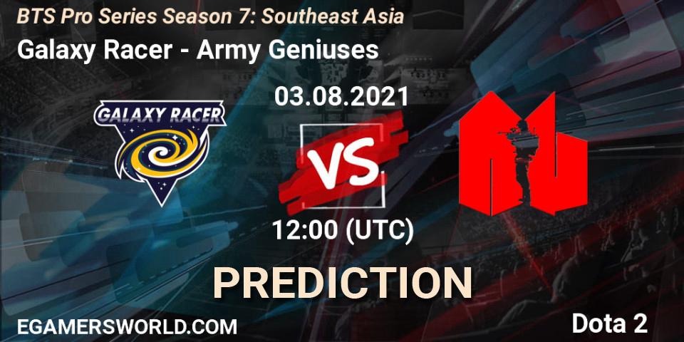 Galaxy Racer contre Army Geniuses : prédiction de match. 03.08.2021 at 12:34. Dota 2, BTS Pro Series Season 7: Southeast Asia