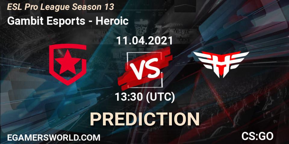 Gambit Esports contre Heroic : prédiction de match. 11.04.2021 at 13:30. Counter-Strike (CS2), ESL Pro League Season 13