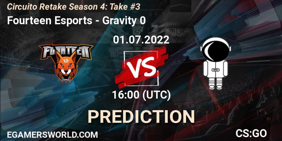 Fourteen Esports contre Gravity 0 : prédiction de match. 01.07.2022 at 16:00. Counter-Strike (CS2), Circuito Retake Season 4: Take #3
