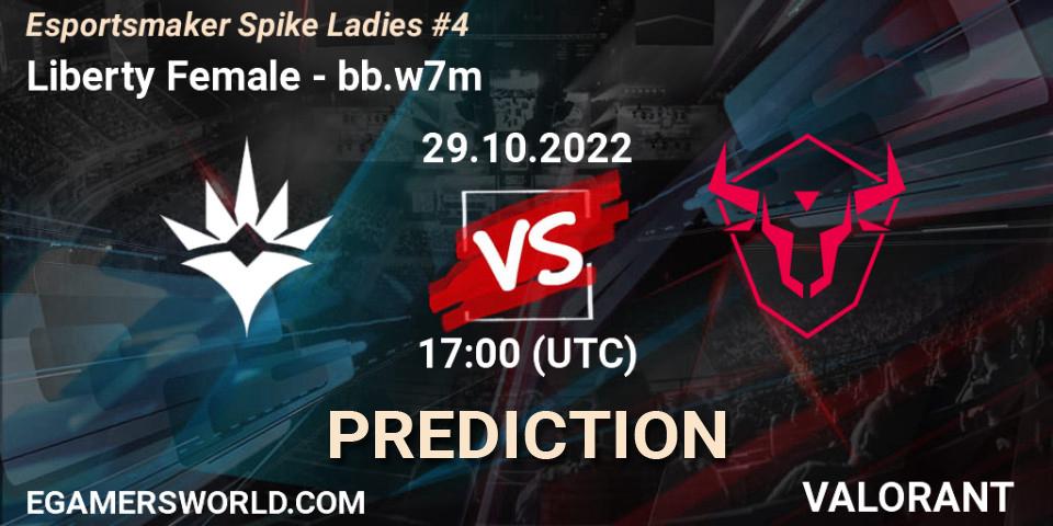 Liberty Female contre bb.w7m : prédiction de match. 29.10.2022 at 17:00. VALORANT, Esportsmaker Spike Ladies #4