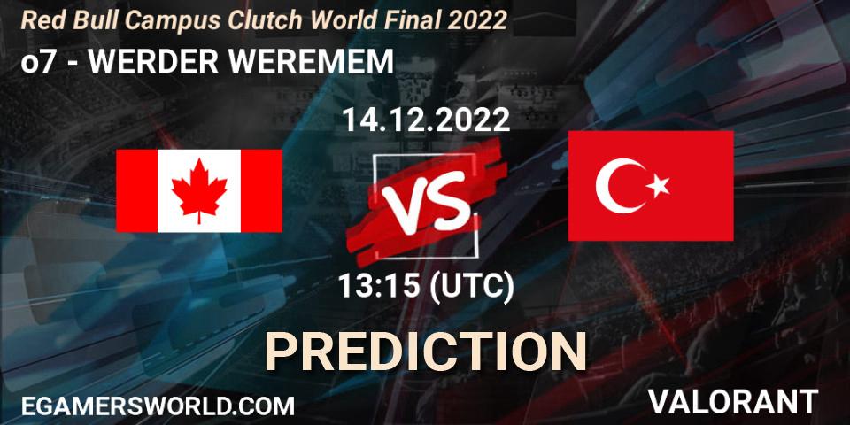 o7 contre WERDER WEREMEM : prédiction de match. 14.12.2022 at 13:15. VALORANT, Red Bull Campus Clutch World Final 2022