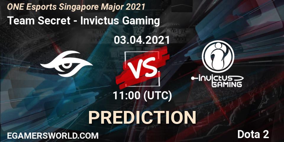 Team Secret contre Invictus Gaming : prédiction de match. 03.04.2021 at 12:54. Dota 2, ONE Esports Singapore Major 2021