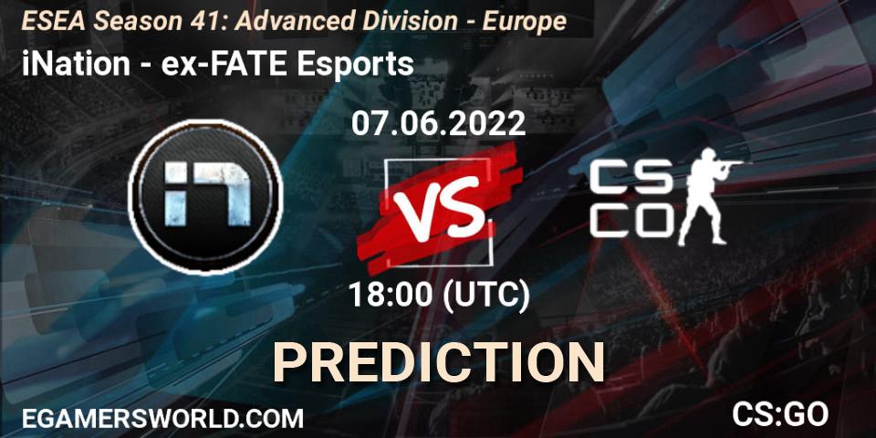 iNation contre ex-FATE Esports : prédiction de match. 07.06.2022 at 18:00. Counter-Strike (CS2), ESEA Season 41: Advanced Division - Europe