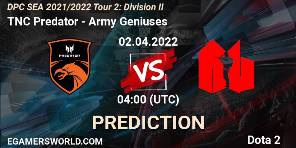 TNC Predator contre Army Geniuses : prédiction de match. 02.04.2022 at 04:00. Dota 2, DPC 2021/2022 Tour 2: SEA Division II (Lower)