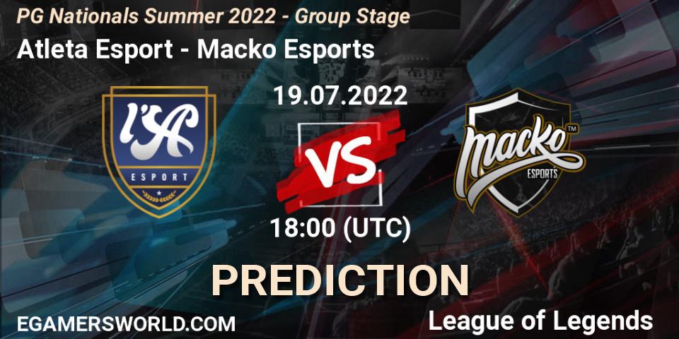 Atleta Esport contre Macko Esports : prédiction de match. 19.07.2022 at 18:00. LoL, PG Nationals Summer 2022 - Group Stage