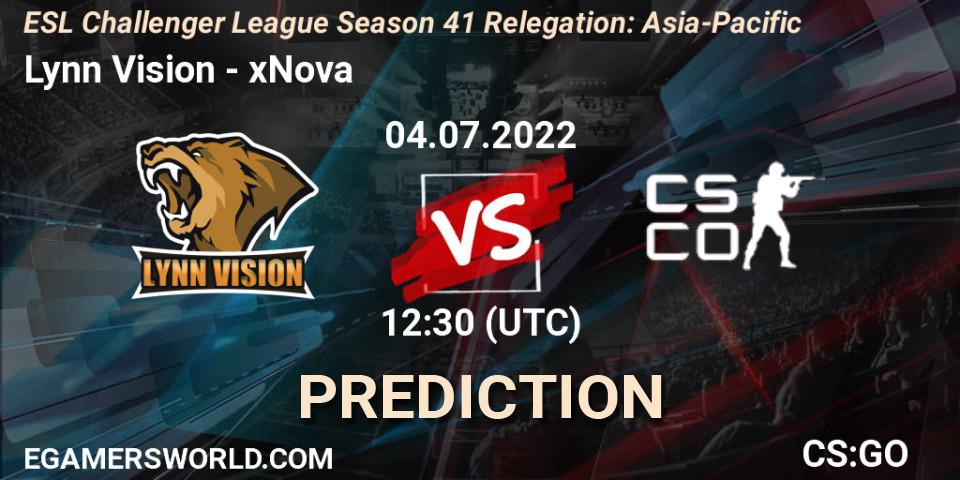 Lynn Vision contre xNova : prédiction de match. 04.07.2022 at 12:30. Counter-Strike (CS2), ESL Challenger League Season 41 Relegation: Asia-Pacific