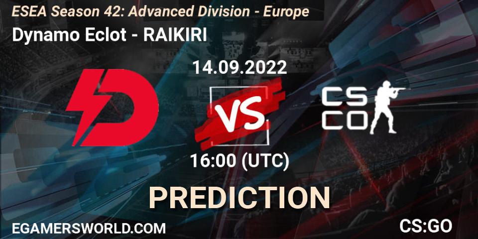 Dynamo Eclot contre RAIKIRI : prédiction de match. 14.09.2022 at 16:00. Counter-Strike (CS2), ESEA Season 42: Advanced Division - Europe