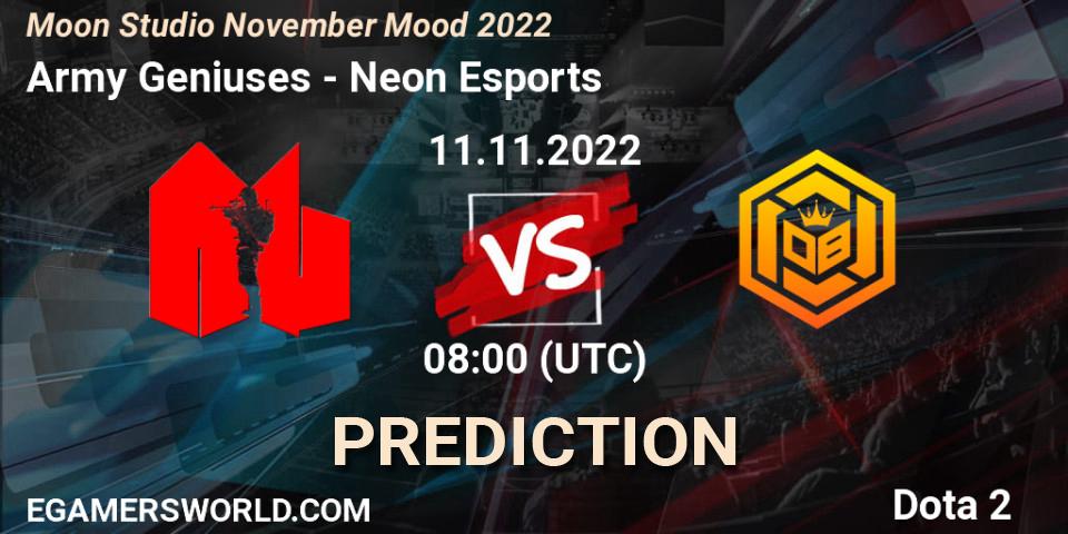 Army Geniuses contre Neon Esports : prédiction de match. 11.11.2022 at 08:23. Dota 2, Moon Studio November Mood 2022