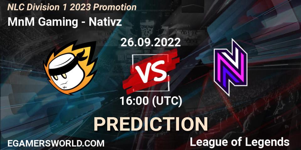 MnM Gaming contre Nativz : prédiction de match. 26.09.2022 at 16:00. LoL, NLC Division 1 2023 Promotion