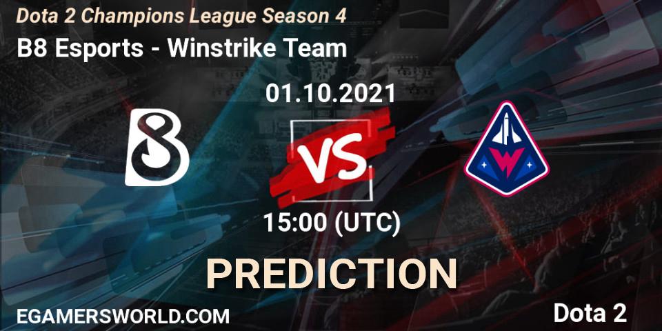 B8 Esports contre Winstrike Team : prédiction de match. 01.10.2021 at 15:57. Dota 2, Dota 2 Champions League Season 4