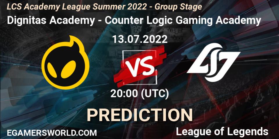 Dignitas Academy contre Counter Logic Gaming Academy : prédiction de match. 13.07.2022 at 20:00. LoL, LCS Academy League Summer 2022 - Group Stage