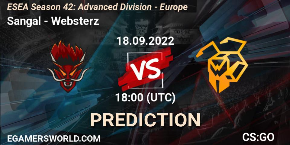 Sangal contre Websterz : prédiction de match. 18.09.2022 at 18:00. Counter-Strike (CS2), ESEA Season 42: Advanced Division - Europe