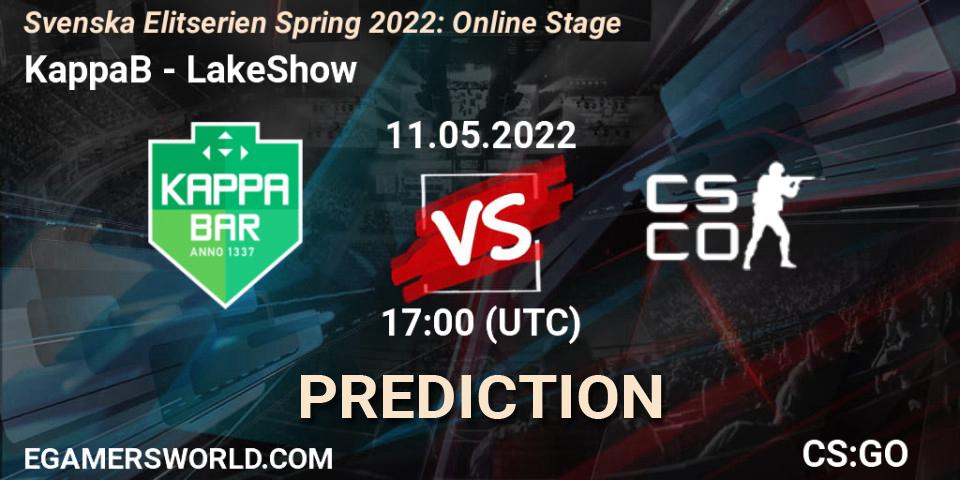 KappaB contre LakeShow : prédiction de match. 11.05.2022 at 17:00. Counter-Strike (CS2), Svenska Elitserien Spring 2022: Online Stage