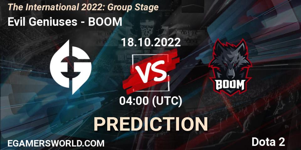 Evil Geniuses contre BOOM : prédiction de match. 18.10.2022 at 04:32. Dota 2, The International 2022: Group Stage
