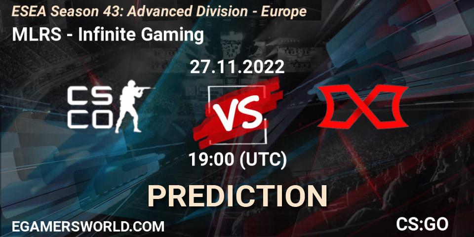 MLRS contre Infinite Gaming : prédiction de match. 02.12.2022 at 17:00. Counter-Strike (CS2), ESEA Season 43: Advanced Division - Europe