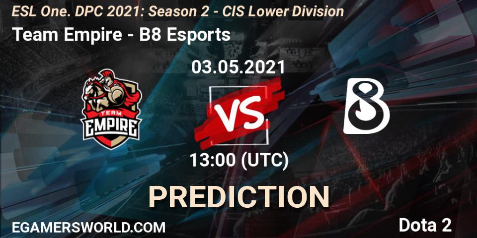 Team Empire contre B8 Esports : prédiction de match. 03.05.2021 at 12:55. Dota 2, ESL One. DPC 2021: Season 2 - CIS Lower Division