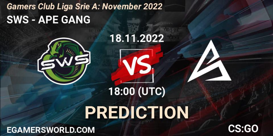 SWS contre APE GANG : prédiction de match. 19.11.2022 at 18:00. Counter-Strike (CS2), Gamers Club Liga Série A: November 2022