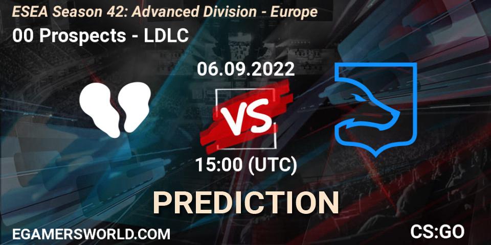 00 Prospects contre LDLC : prédiction de match. 06.09.2022 at 17:00. Counter-Strike (CS2), ESEA Season 42: Advanced Division - Europe