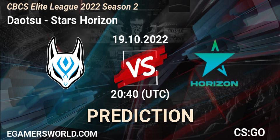 Daotsu contre Stars Horizon : prédiction de match. 19.10.2022 at 20:40. Counter-Strike (CS2), CBCS Elite League 2022 Season 2