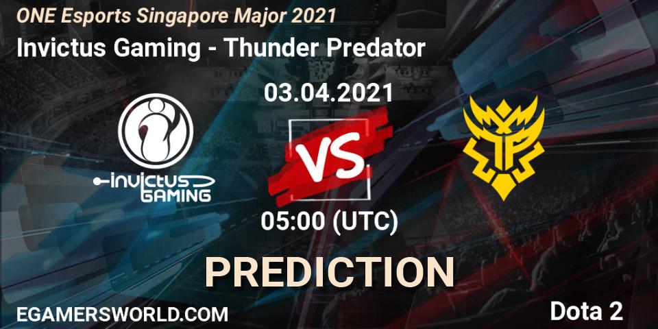 Invictus Gaming contre Thunder Predator : prédiction de match. 03.04.2021 at 06:04. Dota 2, ONE Esports Singapore Major 2021