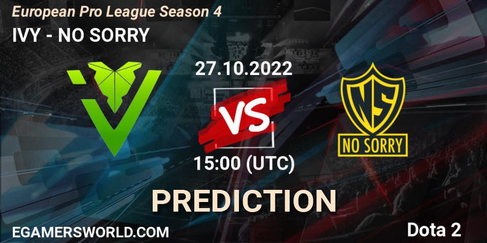 IVY contre NO SORRY : prédiction de match. 27.10.2022 at 15:19. Dota 2, European Pro League Season 4