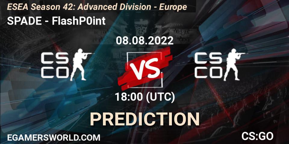 SPADE contre FlashP0int : prédiction de match. 24.08.2022 at 15:00. Counter-Strike (CS2), ESEA Season 42: Advanced Division - Europe