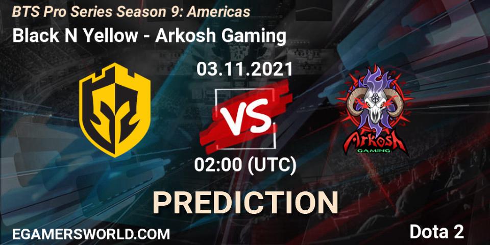 Black N Yellow contre Arkosh Gaming : prédiction de match. 03.11.21. Dota 2, BTS Pro Series Season 9: Americas