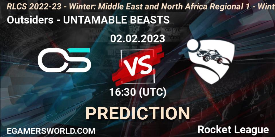 Outsiders contre UNTAMABLE BEASTS : prédiction de match. 02.02.2023 at 16:30. Rocket League, RLCS 2022-23 - Winter: Middle East and North Africa Regional 1 - Winter Open