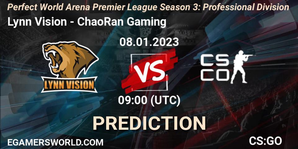 Lynn Vision contre ChaoRan Gaming : prédiction de match. 08.01.2023 at 09:00. Counter-Strike (CS2), Perfect World Arena Premier League Season 3: Professional Division
