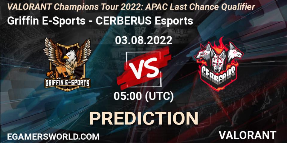 Griffin E-Sports contre CERBERUS Esports : prédiction de match. 03.08.2022 at 05:00. VALORANT, VCT 2022: APAC Last Chance Qualifier