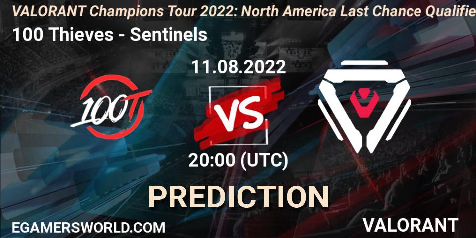100 Thieves contre Sentinels : prédiction de match. 11.08.2022 at 20:15. VALORANT, VCT 2022: North America Last Chance Qualifier
