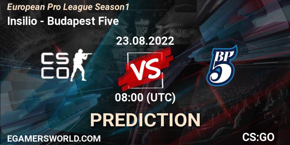 Insilio contre Budapest Five : prédiction de match. 23.08.2022 at 08:00. Counter-Strike (CS2), European Pro League Season 1