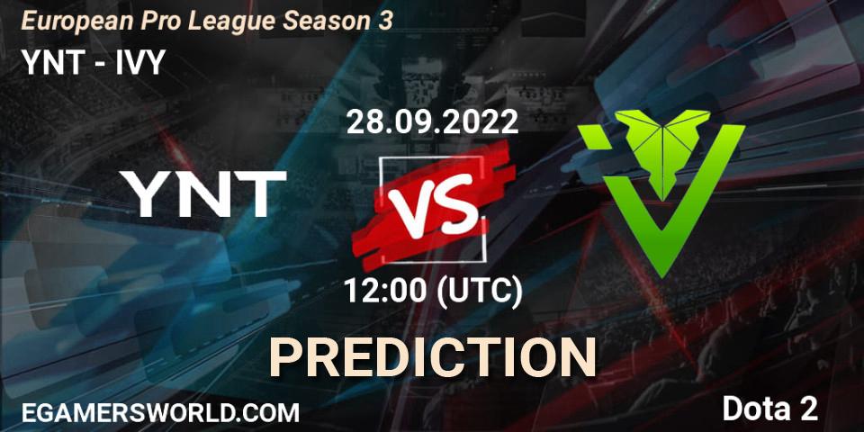 YNT contre IVY : prédiction de match. 28.09.2022 at 12:40. Dota 2, European Pro League Season 3 