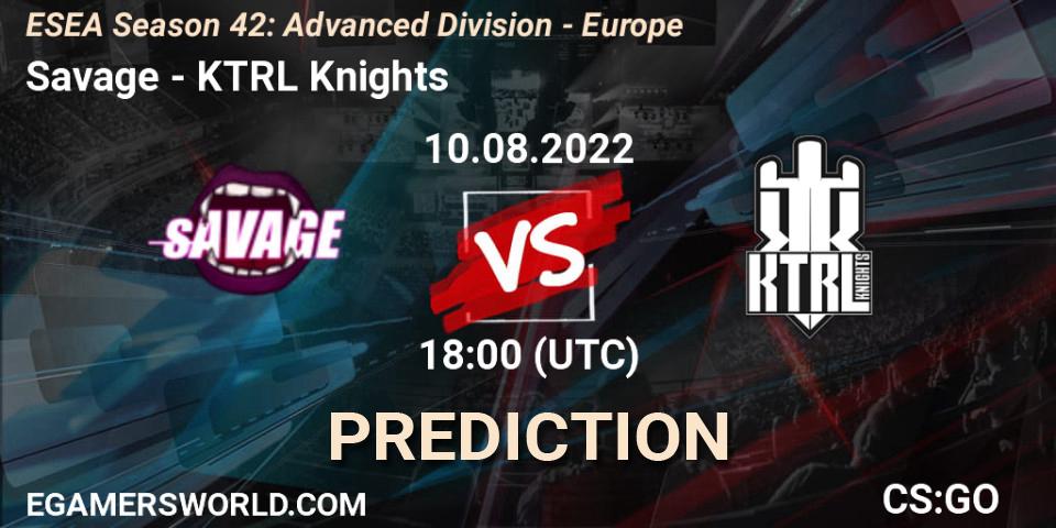 Savage contre KTRL Knights : prédiction de match. 10.08.2022 at 18:00. Counter-Strike (CS2), ESEA Season 42: Advanced Division - Europe
