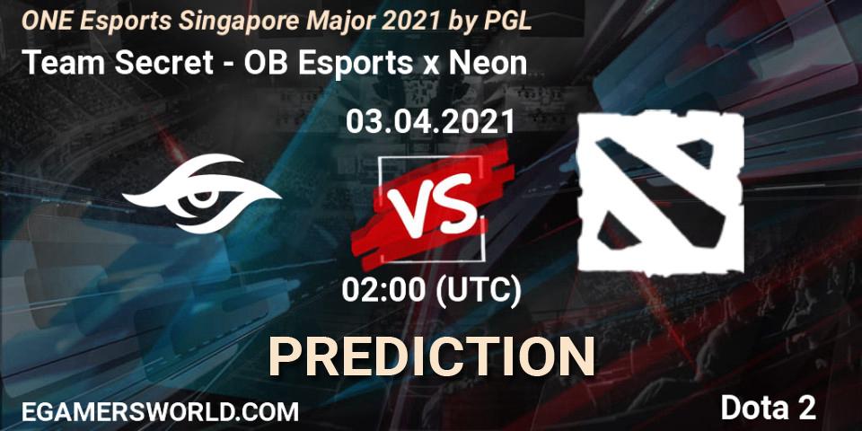 Team Secret contre OB Esports x Neon : prédiction de match. 03.04.2021 at 02:01. Dota 2, ONE Esports Singapore Major 2021